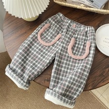 女童冬装休闲裤宝宝洋气儿童个性潮牌韩版加绒加厚毛呢格子哈伦裤