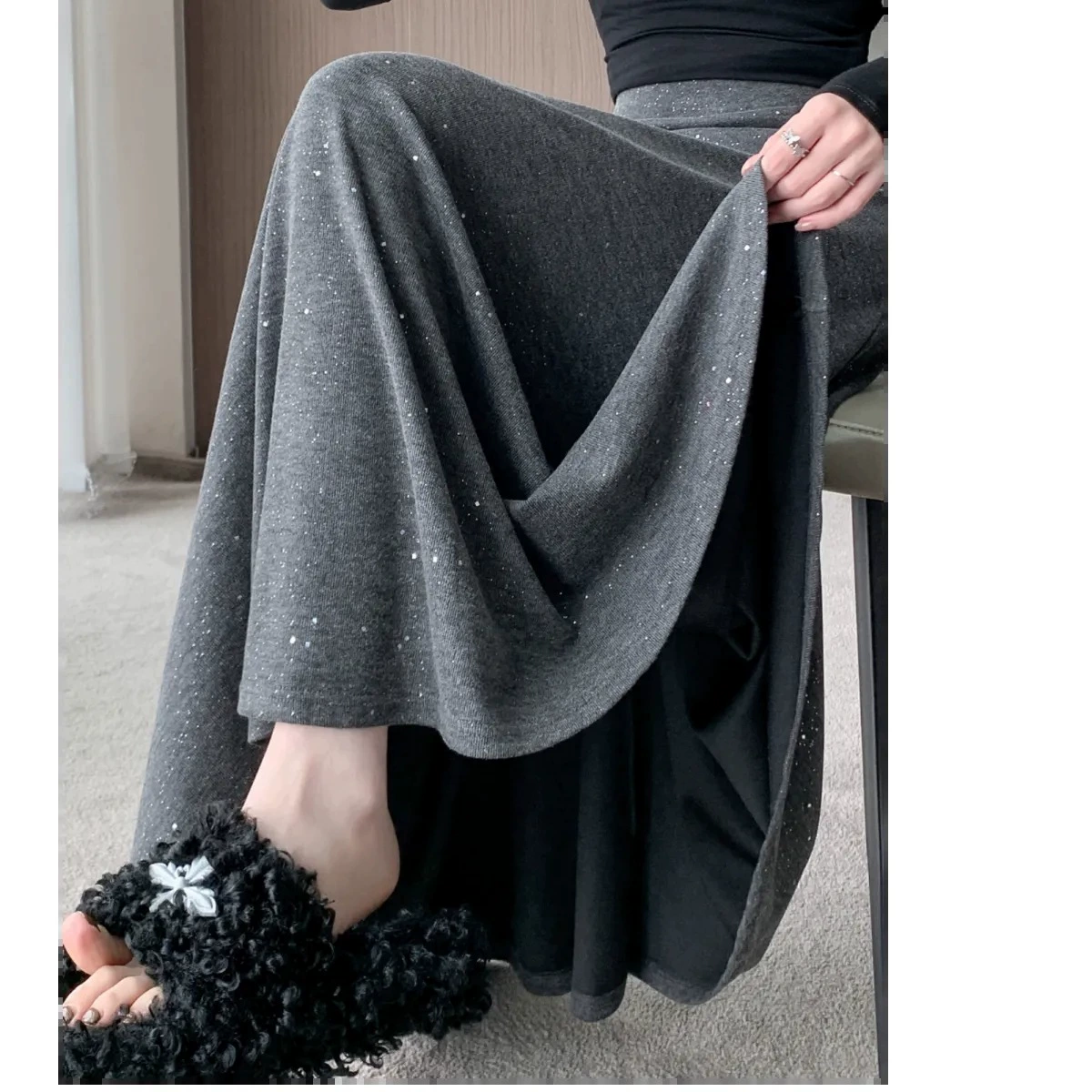 Корейская версия тяжелой промышленной юбки с блестками, юбка с блестками, женская осенняя клейкая рисовая блестяще, юбка среднего и длинного среднего роста с высокой талией