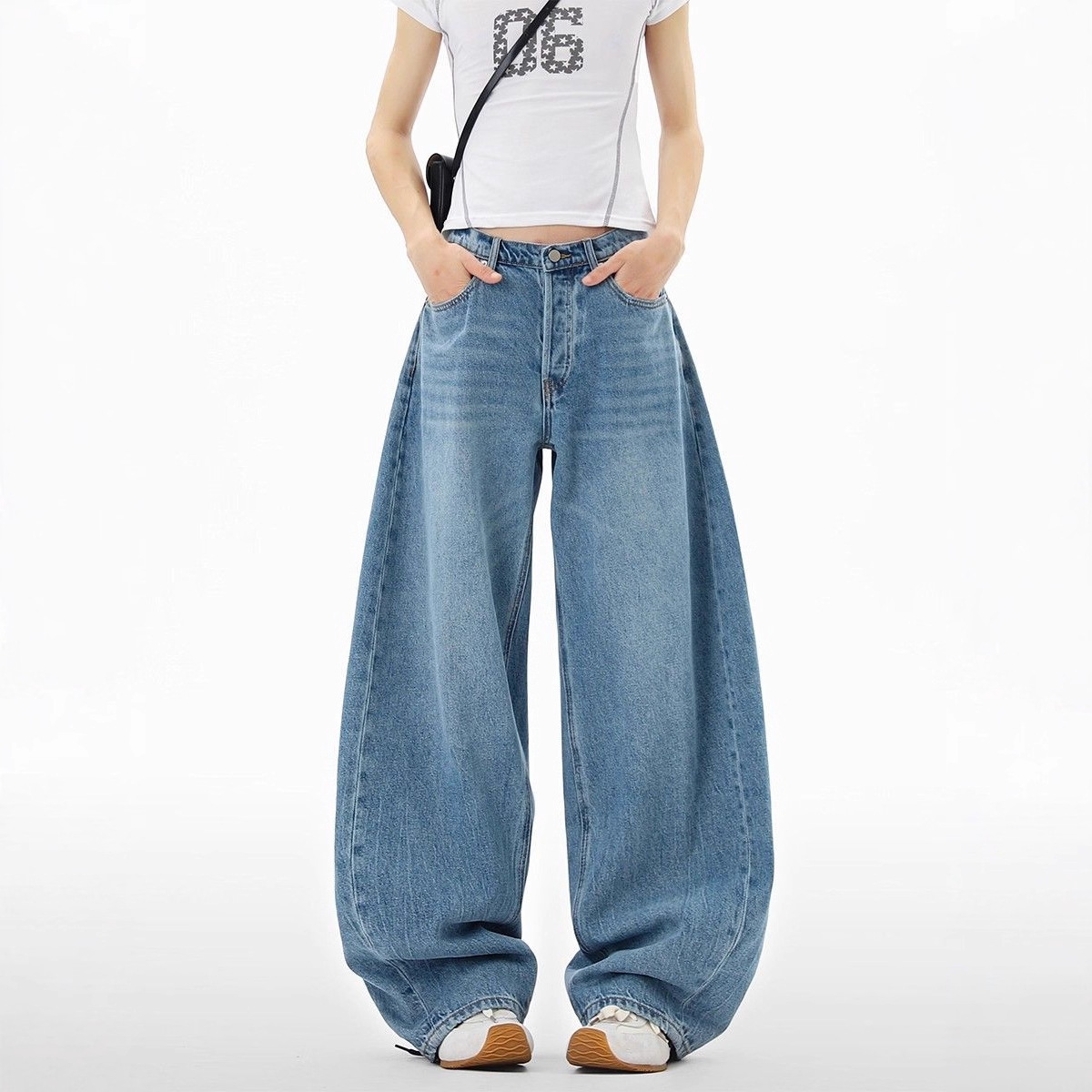 Women's American Style Washed Rhinestone Silhouette Curved Cut Jeans Loose Wide Leg Trousers Casual Cotton Polyester Denim_ecoleips.com