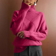 外贸新款菱形格毛衣亚马逊欧美套头宽松气质通勤针织衫纯色高领女