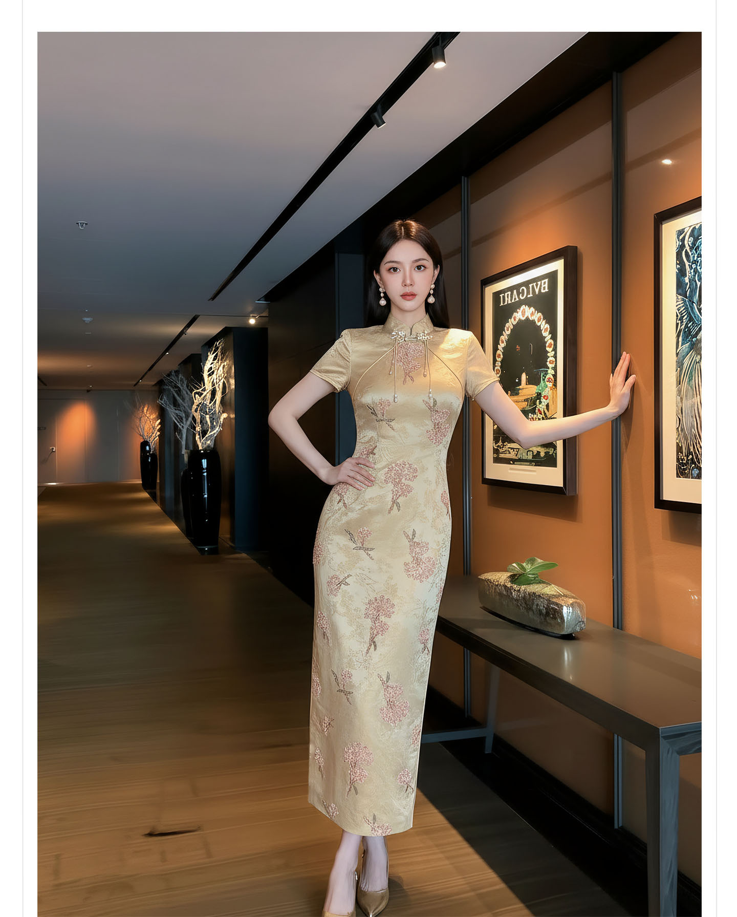 Đầm maxi nữ thêu ren hoa cổ trụ cài khuy, phong cách tân cổ điển — màu vàng chi tiết 11