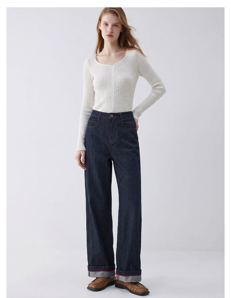 Quần jean ống rộng nữ lưng cao dáng suông dài phong cách thoải mái — Sâu denim xanh chi tiết 10