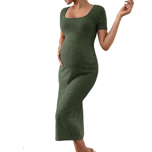 Maternity dress 2025 European and American French-style square neck side slit maternity dress, elegant knitting short-sleeve maternity one-piece dress