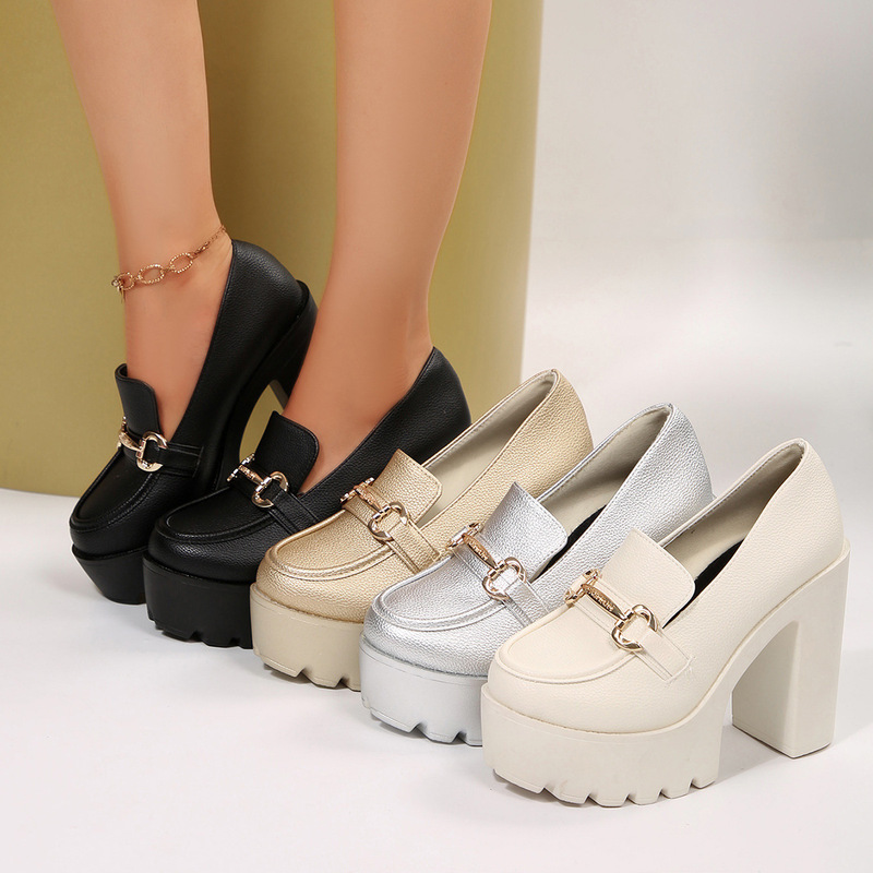 Cross-Border British Style High-Heeled Shoes, Large Size, 2025 Autumn New Style, Platform Chunky Heel, Metal Chain, Deep-Cut Single Shoes for Women