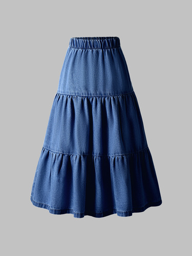 Retro Elastic Waist Patchwork Denim Half Skirt for Women Spring Summer Slimming Medium Length A-line Umbrella Skirt Multi-layer
