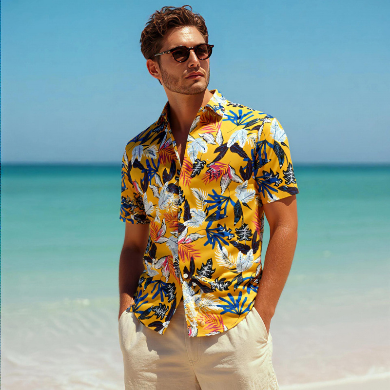 26 New Style Beach Short-Sleeved Shirts for Men, Casual Elastic Ice Silk Cool Large Size Men's Short-Sleeved Shirts for Beach Vacations