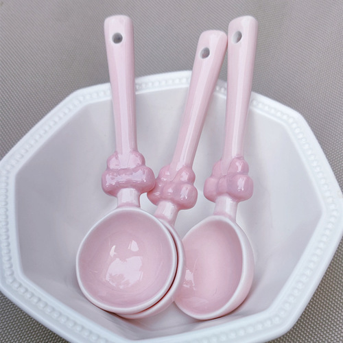 原创新品/ins可爱少女风勺子粉色蝴蝶结陶瓷甜品勺创意手绘搅拌勺