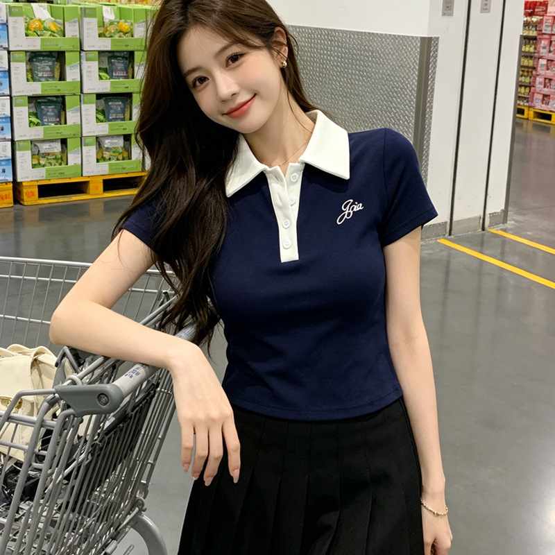 Polo Collar Short-Sleeve T-Shirt for Women, Summer Niche Design, College Style, Slim Fit, Waist-Cinching, Sweet and Spicy Girl Style, Embroidered