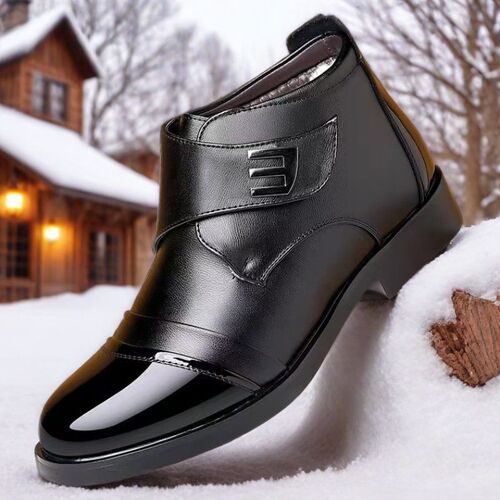 New Model Mid-Top Padded Insulated Men's Shoes with Fleece Lining, Leather Surface, Windproof & Warm Cotton Shoes, Polished Finish, Business Casual Shoes, Cotton Leather Boots