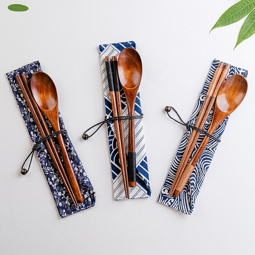 Japanese Internet celebrity Western food gift tableware wooden spoon new thread-wrapped chopsticks creative portable spoon, chopsticks and fork three-piece set