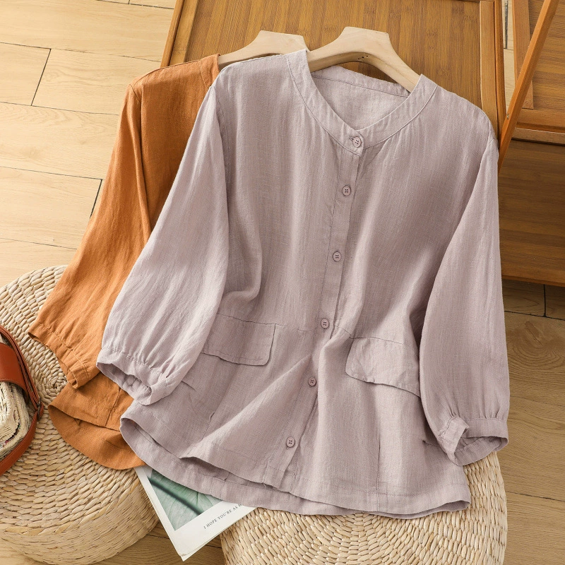 Жесткие хлопковые и льняные свободные рубашки большого размера куртка женская ретро сплошной рубашка рубашка топ лето