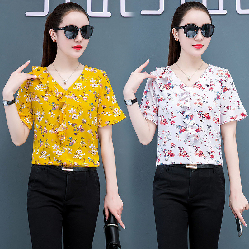Printed Shirt Women's Short-sleeved Ruffle Collar Top Women's Summer Korean-style Fashionable Belly-covering Slimming Elegant Stylish Small Shirt Printed Shirt Women's Short-sleeved Ruffle Collar Top Women's Summer Korean-style Fashionable Belly-covering Slimming Elegant Stylish Small Shirt