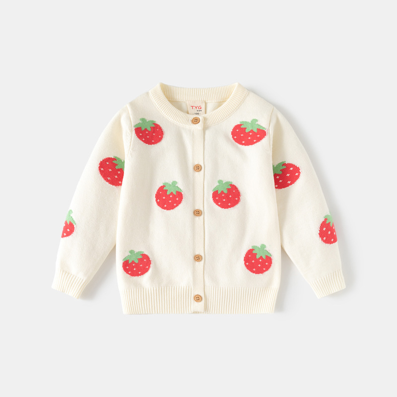 Tengyun Ge Children's Clothing Girls' Strawberry Jacquard Knitted Cardigan Korean Style Baby Soft Sweater Jacket 2026 Autumn New Style
