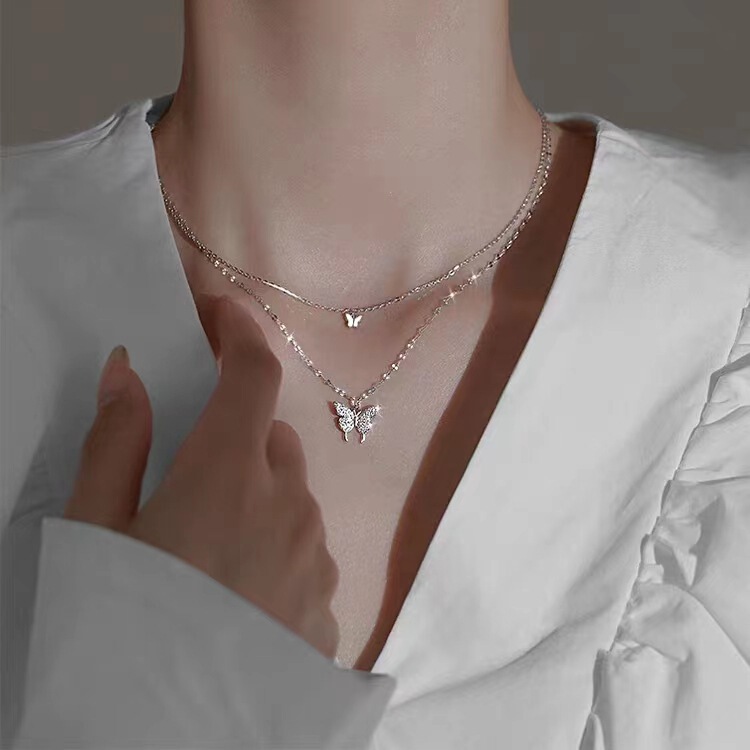 Flash Diamond Butterfly Double Layer Necklace for Women Ins Niche Design Easiest for Match Light Luxury Cold Style Clavicle Chain as a Gift for Best Friend Flash Diamond Butterfly Double Layer Necklace for Women Ins Niche Design Easiest for Match Light Luxury Cold Style Clavicle Chain as a Gift for Best Friend