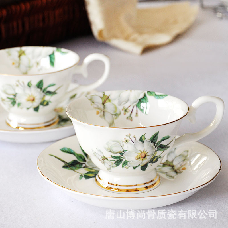 Tangshan European-Style English-Style Bone China Coffee Cup and Saucer Set Ceramic Cup Afternoon Tea Cup Black Tea Cup with Printed Logo