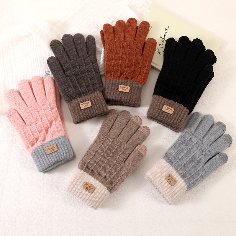 ins手套女秋冬季加厚防寒保暖学生针织五指骑行毛线拼色触屏手套