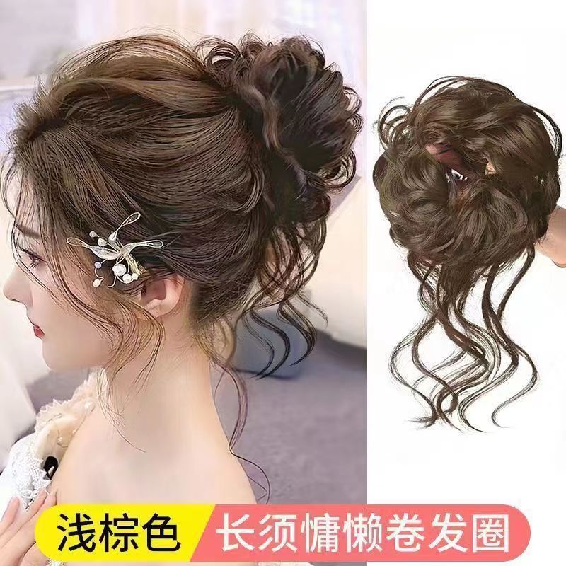 女性用ウィッグ、ショートポニーテール、巻き毛、レイジースタイル、クリップオンスタイル、花のつぼみ、ボールヘッド、自然なふわふわロングヘアパッケージ工場|undefined