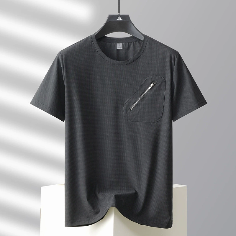 Мужская футболка из ледяного шелка с карманом на молнии и круглым вырезом, летняя новая американская повседневная универсальная свободная дышащая мужская футболка с короткими рукавами и половиной рукавов