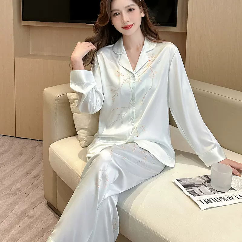 冰丝睡衣女夏季薄款长袖2024年新款春秋款大码冰雪丝家居服套装