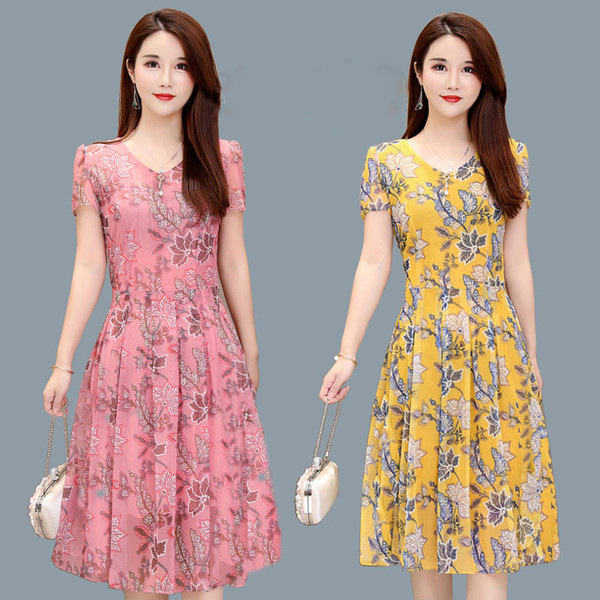 Summer New Mother's Clothing Korean Style New V Neck Short-Sleeved Floral Skirt Waist Large Size Elegant Age-Reducing Dress for Women