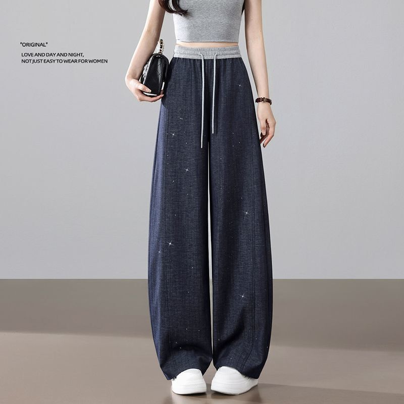 Sparkling Rhinestone Tencel Jeans for Women, Summer Thin Style, Plus Size, High-Waisted Wide-Leg Pants, Loose Fit, Slimming Straight-Leg, Curved Pants Sparkling Rhinestone Tencel Jeans for Women, Summer Thin Style, Plus Size, High-Waisted Wide-Leg Pants, Loose Fit, Slimming Straight-Leg, Curved Pants