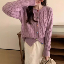 彩虹扣毛衣外套女韩版甜美学院风外搭秋冬季宽松软糯女式针织开衫