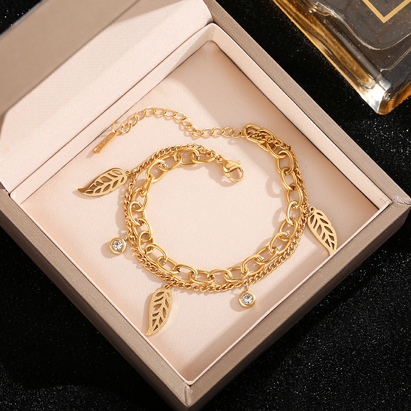 5498 나뭇잎 큐빅 팔찌 골드