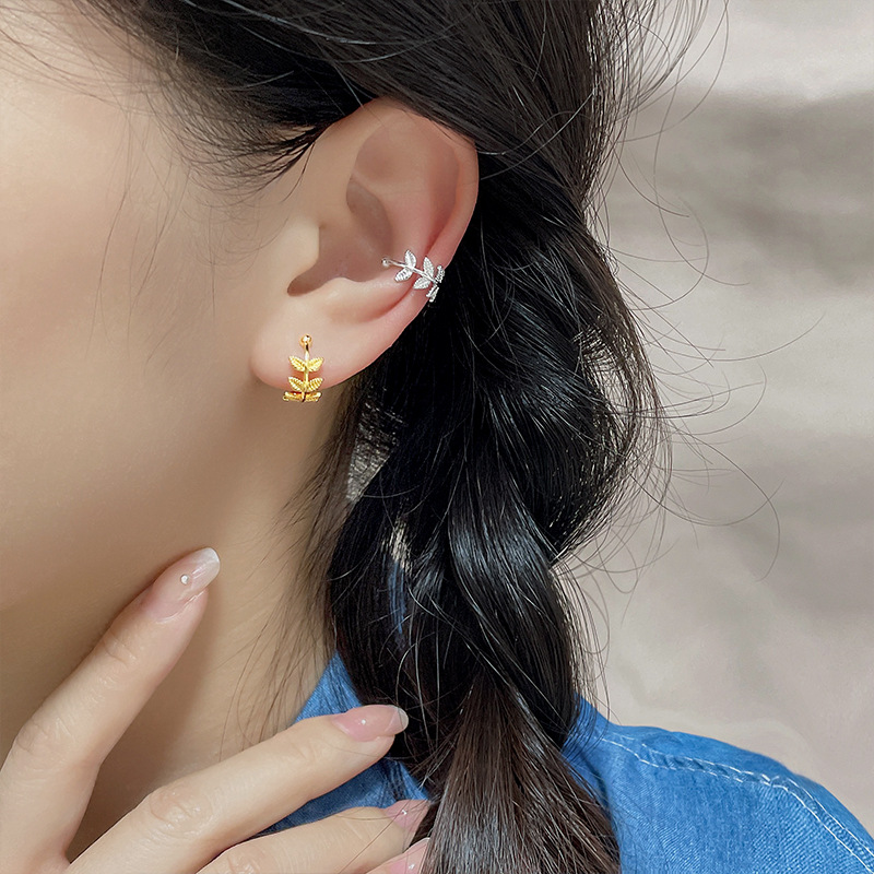 Clip oreja sin perforación, diseño simple hoja, estilo japonés/coreano, ins
