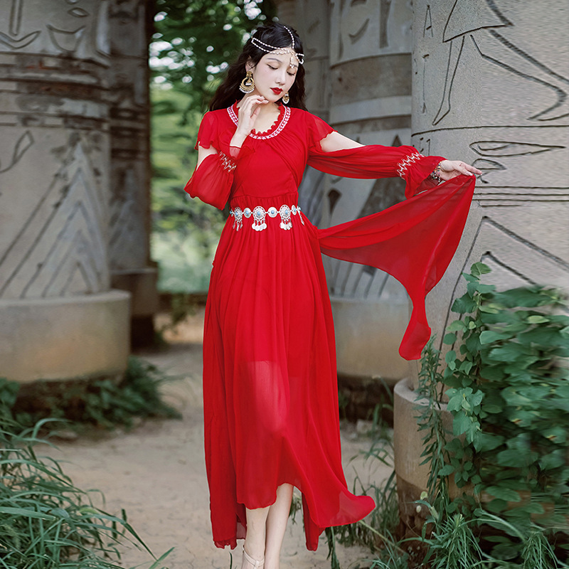 2025 Dunhuang Exotic Xinjiang Ethnic Style Waist Slimming Western Dress Three-Piece Set for Women