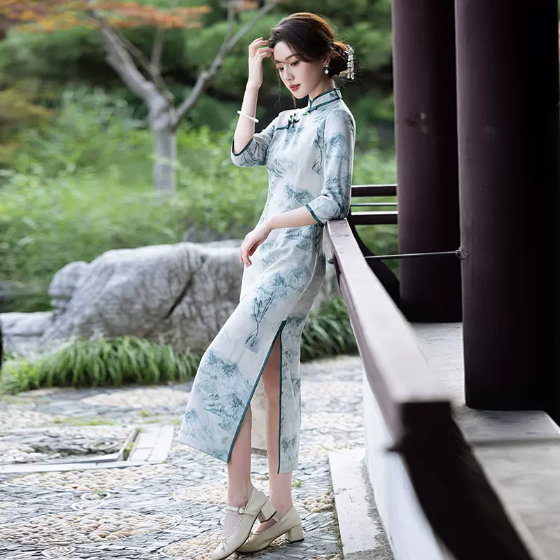 2025春季改良年轻款新中式七分袖少女高端气质长款素雅旗袍