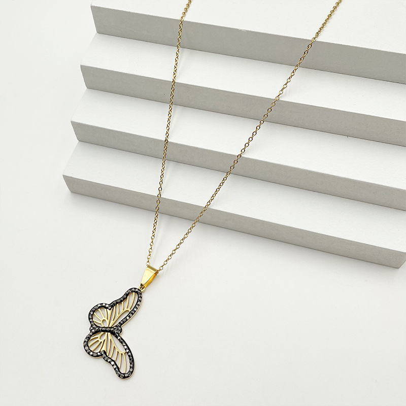 Fashion Butterfly Stainless Steel Titanium Steel Plating Zircon Pendant Necklace 1 Piece