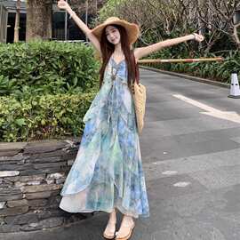 海边度假风印花小飞袖吊带连衣裙女2025夏季新款收腰仙女长裙子