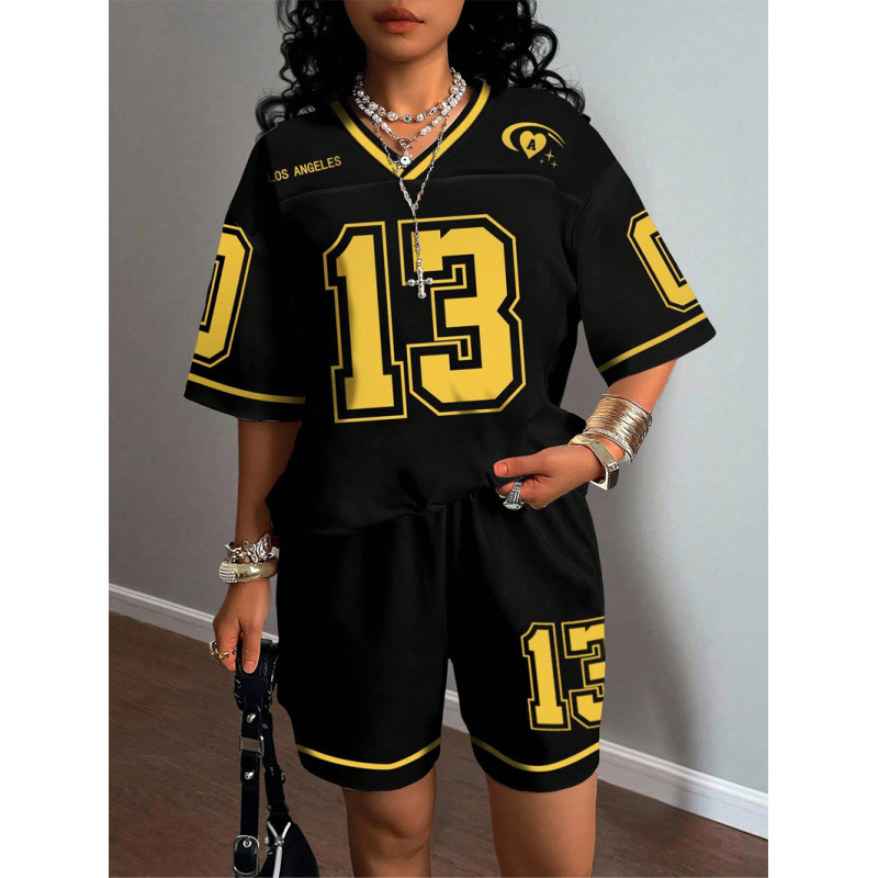 Collar transfronterizo impresión personalizada moda casual camiseta suelta de dos piezas juego de fútbol callejero americano