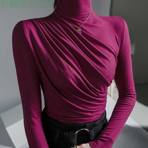 Long-sleeved bottomed shirt, women's autumn dress, semi-high collar, design, pleated, slim and thin shirt, with a foreign-style top for women