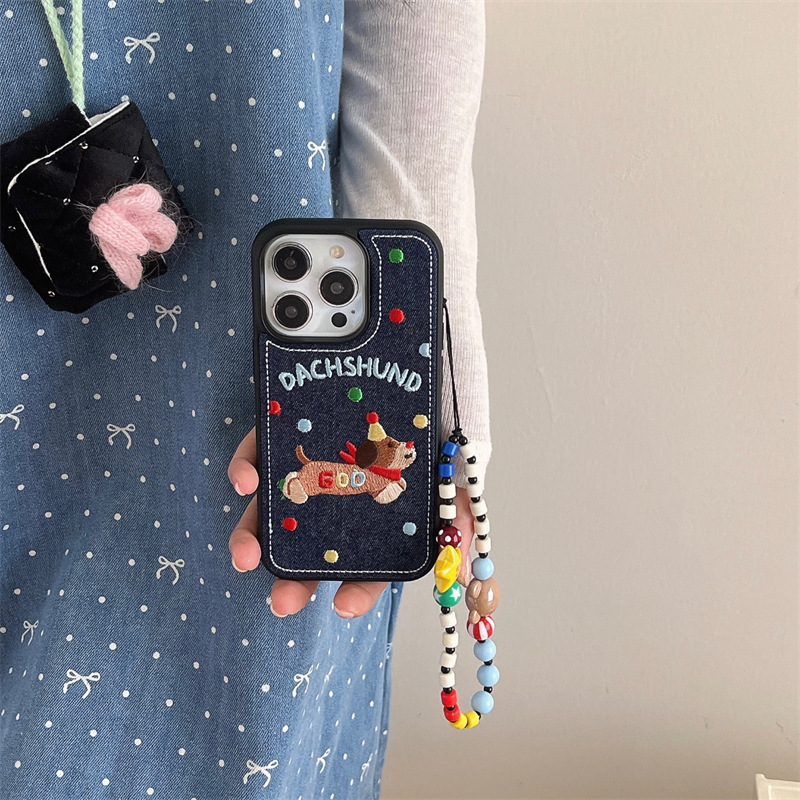 Perro salchicha de lunares de mezclilla bordado coreano para iPhone 15 funda para teléfono móvil 13 Apple 14ProMax cadena 12