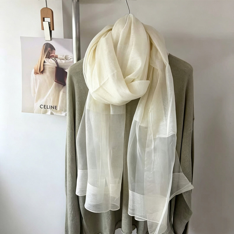 Silk-wool blend long scarf for women, light and transparent white gauze scarf, gentle and atmospheric scarf shawl