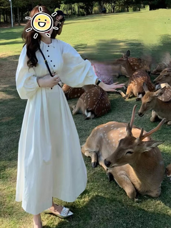 法式茶歇白色收腰长袖连衣裙女秋季 高级感气质显瘦长裙子 25新款|undefined