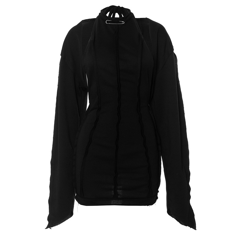 Women Clothing Winter Solid Color Hoodie Long Sleeve Halter Ripped Backless Short Dress Set