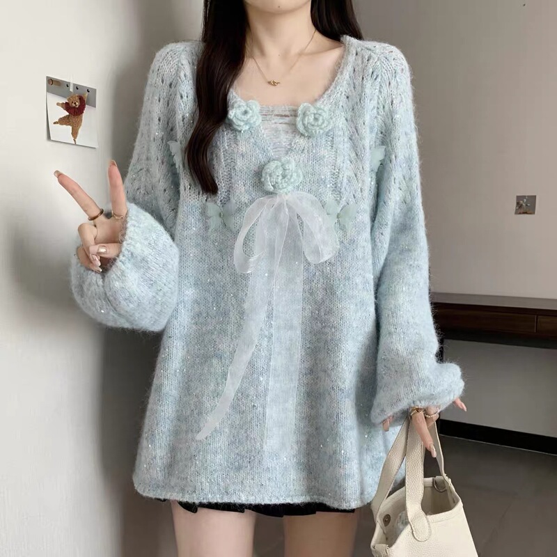 立体花朵亮片V领针织衫毛衣女款春秋2025大码胖mm法式蝴蝶结上衣|undefined