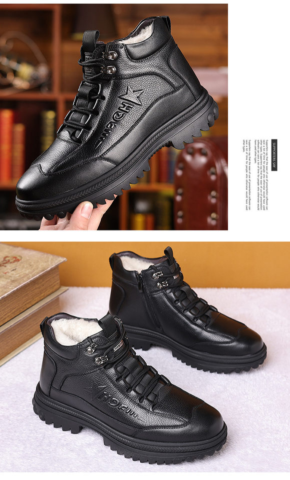 Giày bông nam cổ cao dây kéo lót lông giữ ấm da bò — Giày cotton đen chi tiết 17