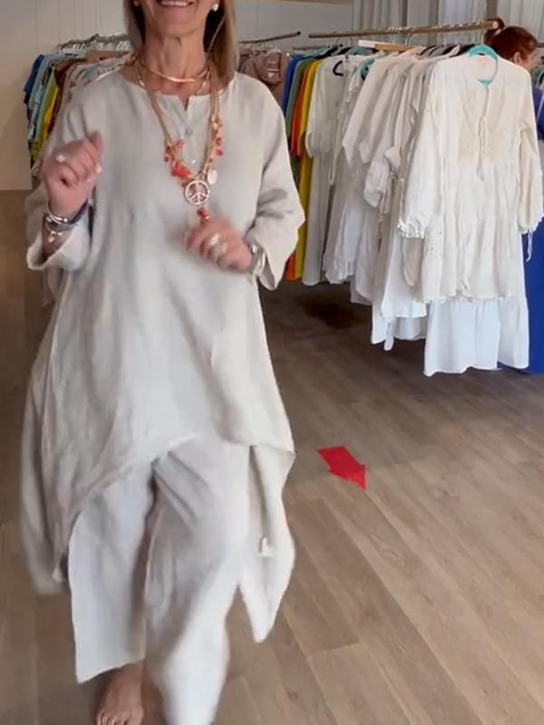 Sommer Neues Produkt Schneller Verkauf Einfarbiges Lässiges Langarm-Set aus Baumwolle und Lazy Style für Damen_voghion.com