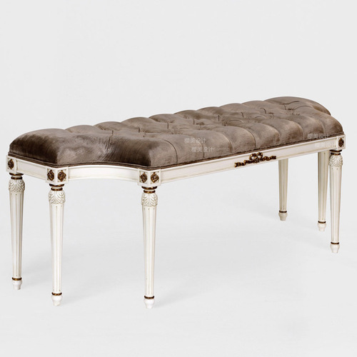 English-style Paulownia gold-plated bed footstool, Neoclassical carved, aged effect, bedroom bench, unique fabric drawstring chair