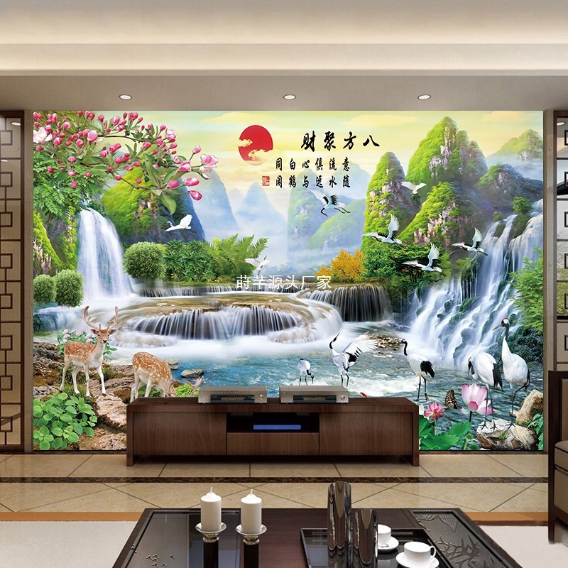 風景画ウォールステッカー流水は富を生み出す風景画装飾リビングルーム壁画背景壁紙自己粘着紙絵画|undefined