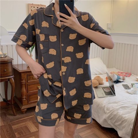 Pijamas de manga corta de verano de dibujos animados de las mujeres de estilo coreano vaca suelta ins estilo wechat celebridad en línea de dos piezas ropa para el hogar