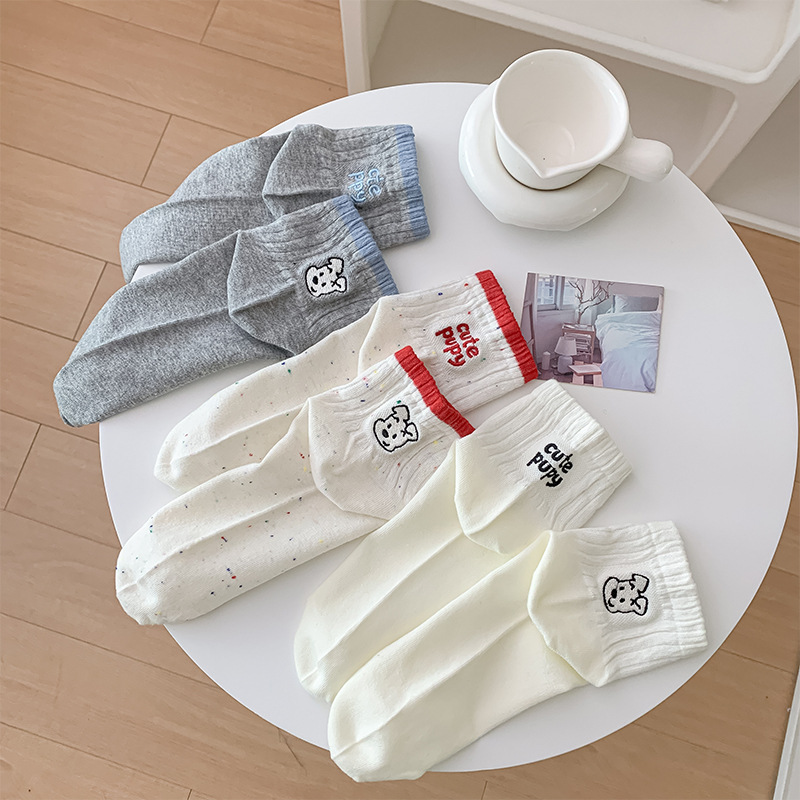 2025 Spring and Summer New Korean Style Ins Style Embroidered Puppy Letter AB Foot Fashion Combed Cotton Women's Socks