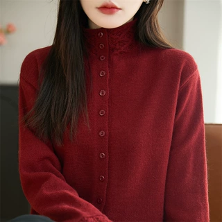 秋冬新款女韩立领加厚针织开衫外套开衫打底上衣宽松袖口钩花毛衣