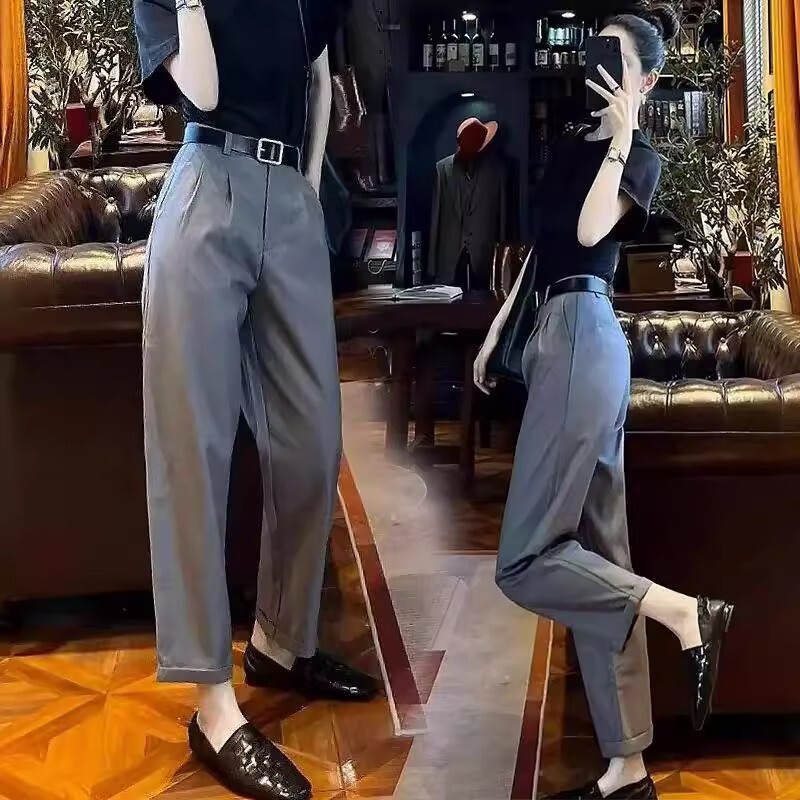 Nine-Point Suit Pants for Women, Summer Popular Cigarette Pants, New Loose Slimming Look Straight-Leg Harem Pants for Women A4101