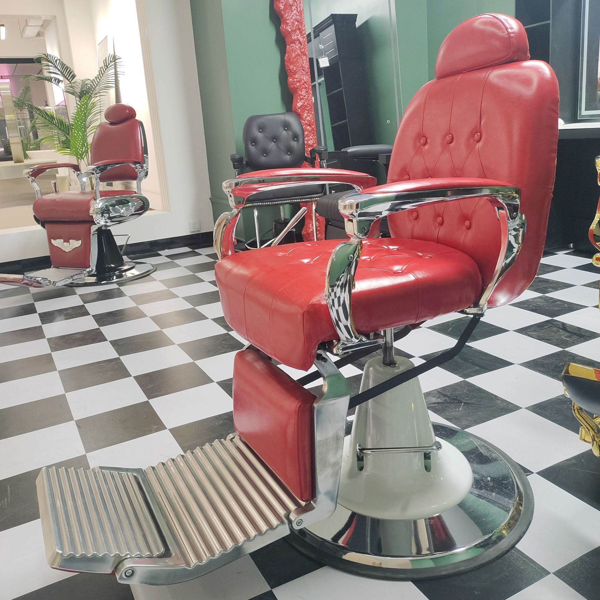 Fabricantes transfronterizos silla de peluquería retro silla de peluquería tiñida con pedal de pie silla giratoria de peluquería antigua multicolor
