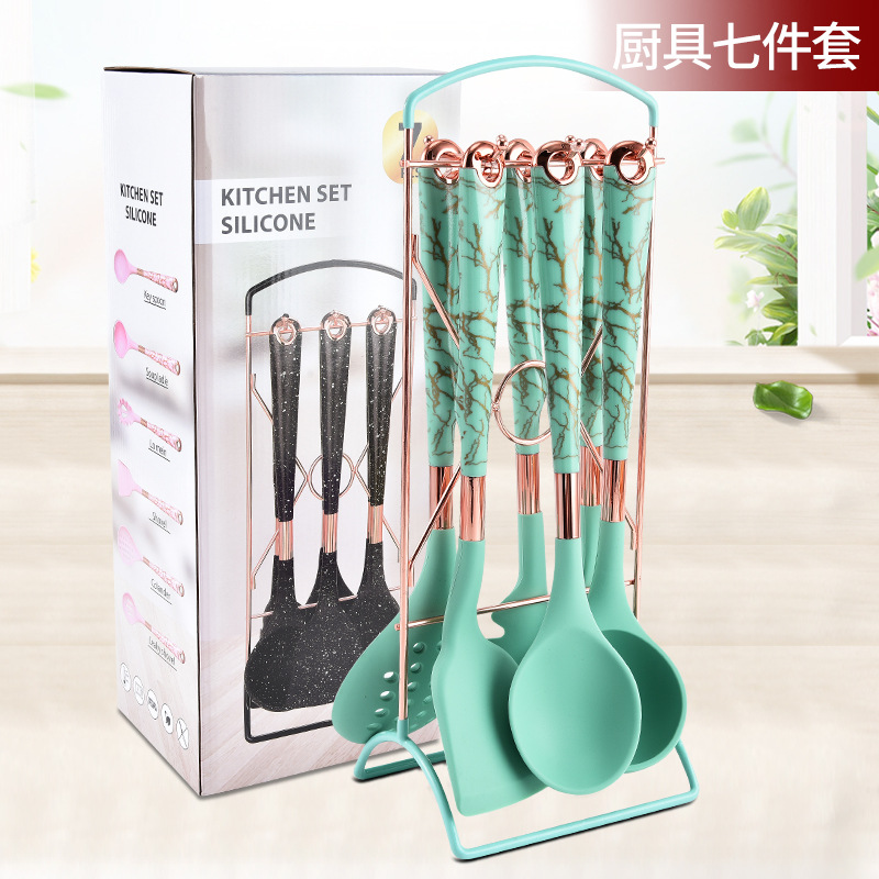 새로운 실리콘 주방 용품 7 조각 회전 저장 브래킷 비 스틱 팬 수프 숟가락 Colander 주걱 요리 도구 세트