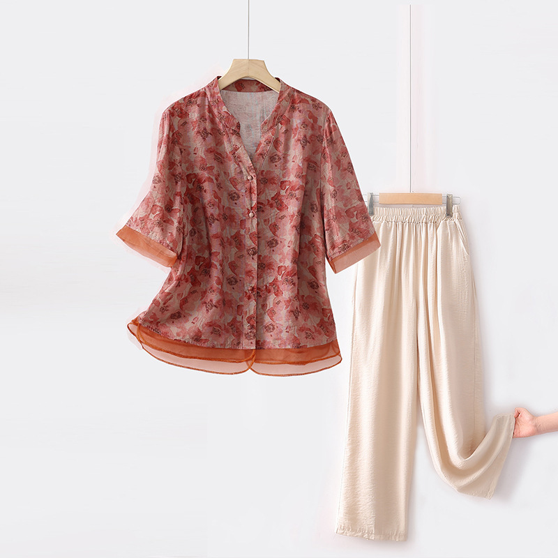 Linen Tops for Women 2023 Summer New Style Mother's Clothing Fashionable Printed Thin Shirts Three-Quarter Sleeves Retro Shirts for Women